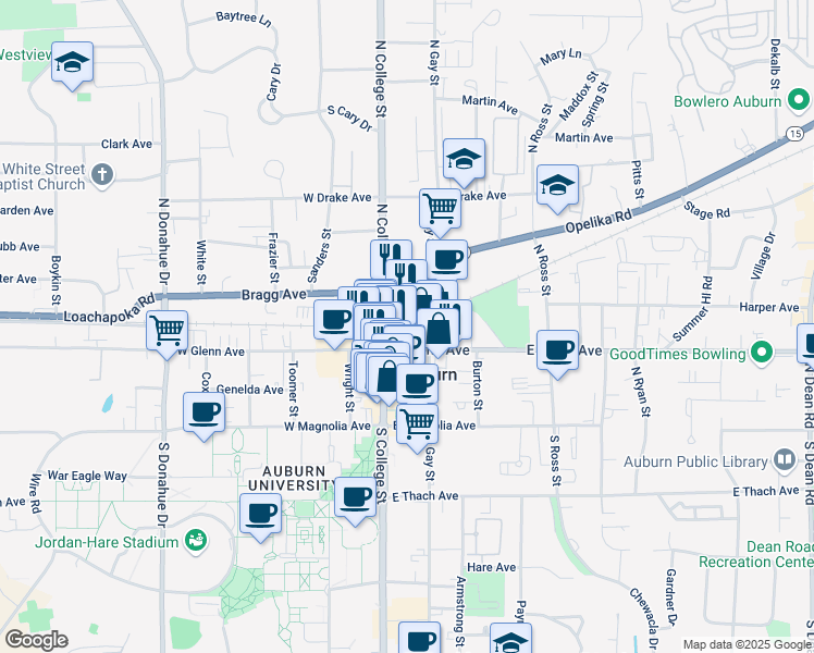map of restaurants, bars, coffee shops, grocery stores, and more near in Auburn
