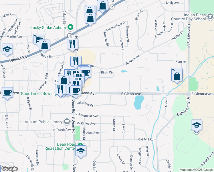 map of restaurants, bars, coffee shops, grocery stores, and more near 1027 East Glenn Avenue in Auburn