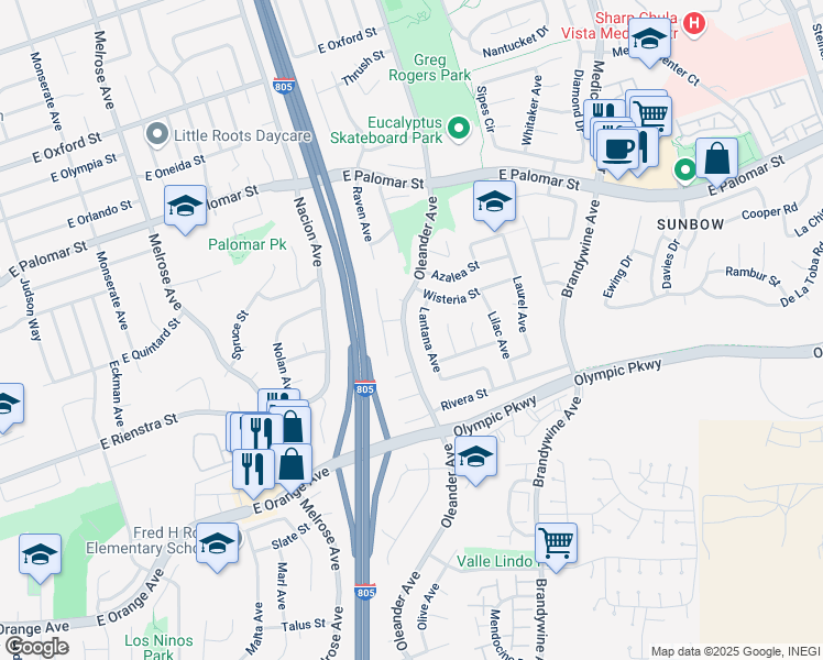 map of restaurants, bars, coffee shops, grocery stores, and more near 1419 Oleander Avenue in Chula Vista