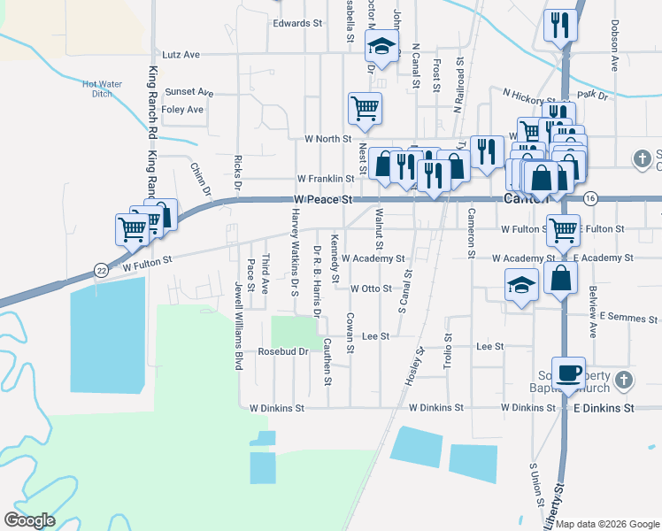 map of restaurants, bars, coffee shops, grocery stores, and more near 303 Doctor R. B. Harris Drive in Canton