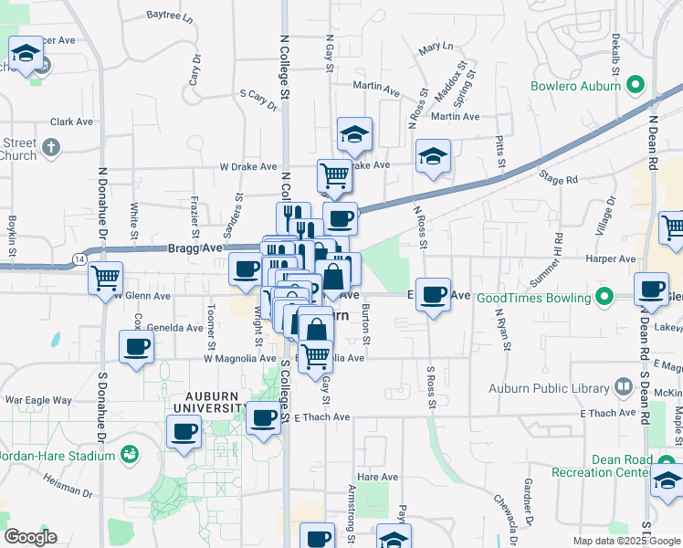map of restaurants, bars, coffee shops, grocery stores, and more near 218 Ford Court in Auburn