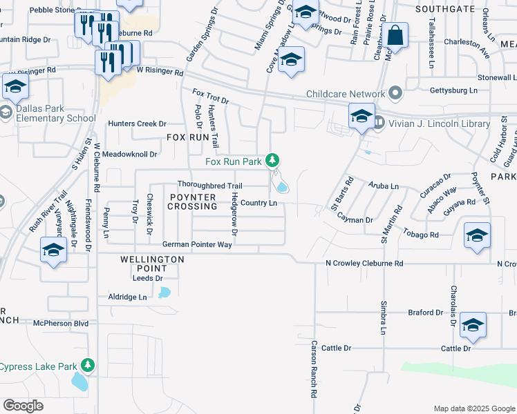 map of restaurants, bars, coffee shops, grocery stores, and more near 3873 Country Lane in Fort Worth