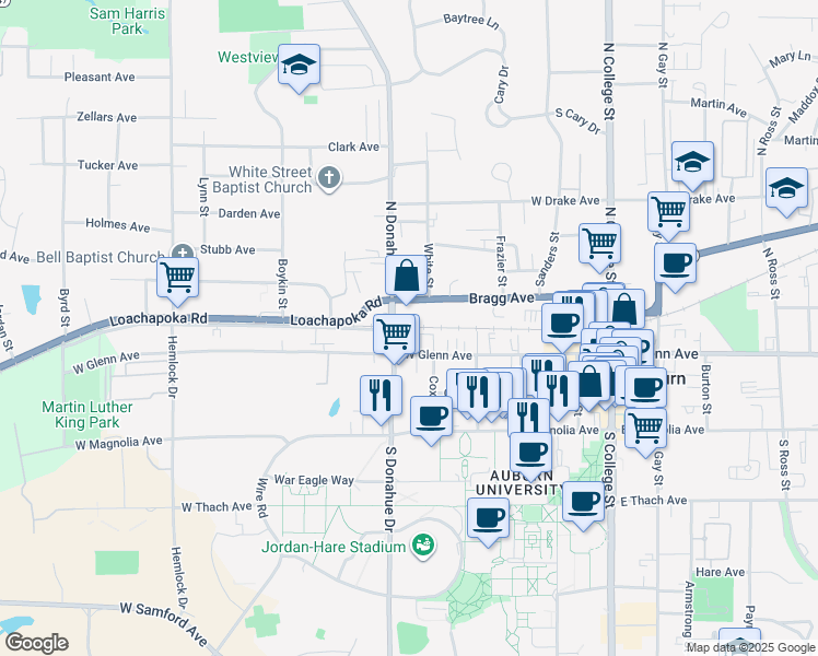 map of restaurants, bars, coffee shops, grocery stores, and more near 417 Bragg Avenue in Auburn