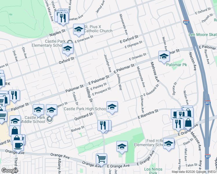map of restaurants, bars, coffee shops, grocery stores, and more near 69 East Prospect Street in Chula Vista