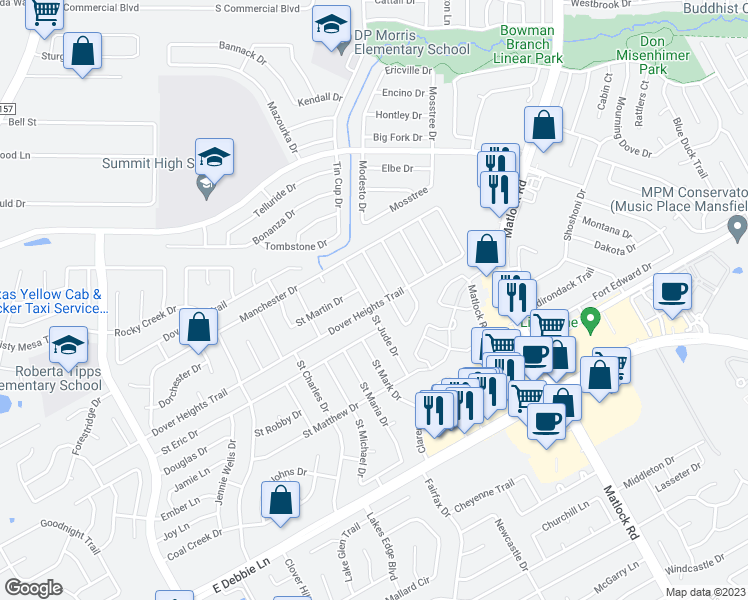 map of restaurants, bars, coffee shops, grocery stores, and more near 3006 Saint Jude Drive in Mansfield