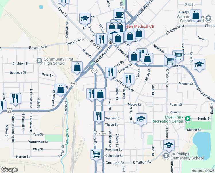 map of restaurants, bars, coffee shops, grocery stores, and more near 312 Long Street in Minden
