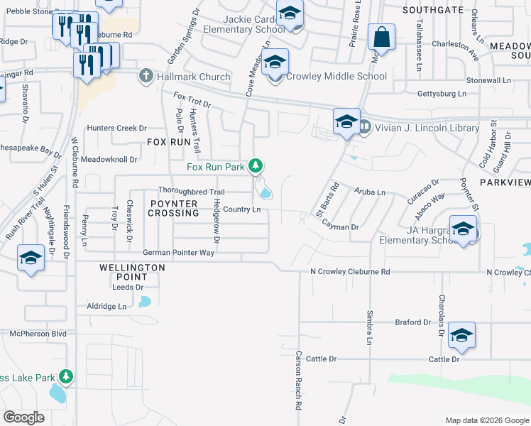 map of restaurants, bars, coffee shops, grocery stores, and more near 3837 Country Lane in Fort Worth