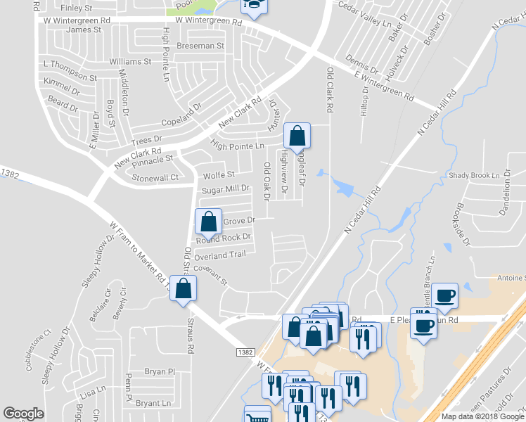 map of restaurants, bars, coffee shops, grocery stores, and more near 1209 Old Oak Drive in Cedar Hill