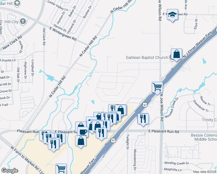 map of restaurants, bars, coffee shops, grocery stores, and more near 630 Dandelion Drive in Cedar Hill