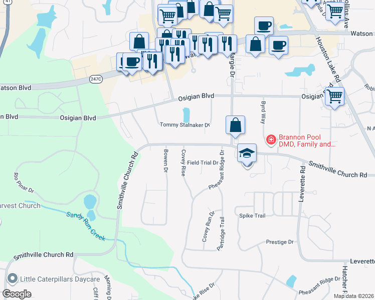 map of restaurants, bars, coffee shops, grocery stores, and more near 101 Covey Rise in Warner Robins