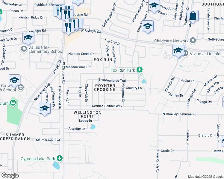 map of restaurants, bars, coffee shops, grocery stores, and more near 4009 Country Lane in Fort Worth