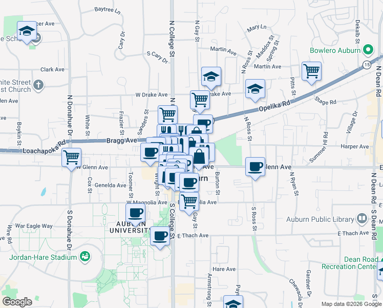 map of restaurants, bars, coffee shops, grocery stores, and more near 239 North Gay Street in Auburn
