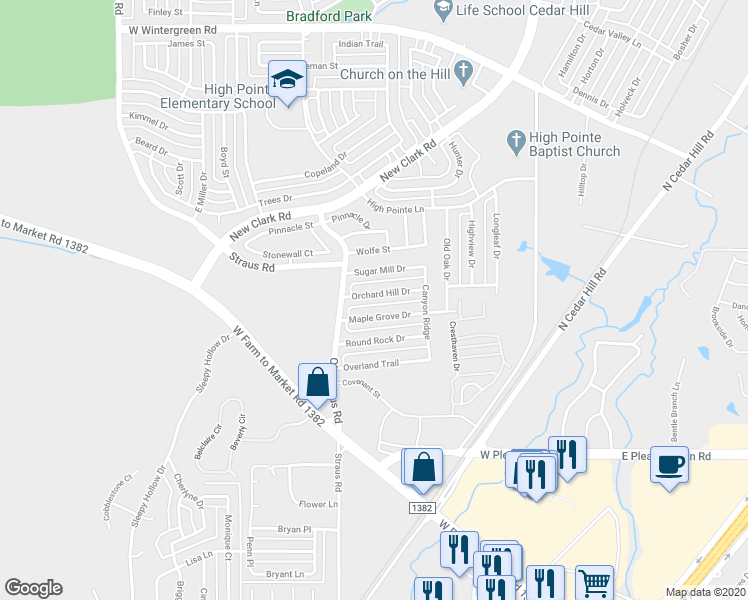 map of restaurants, bars, coffee shops, grocery stores, and more near 448 Orchard Hill Drive in Cedar Hill