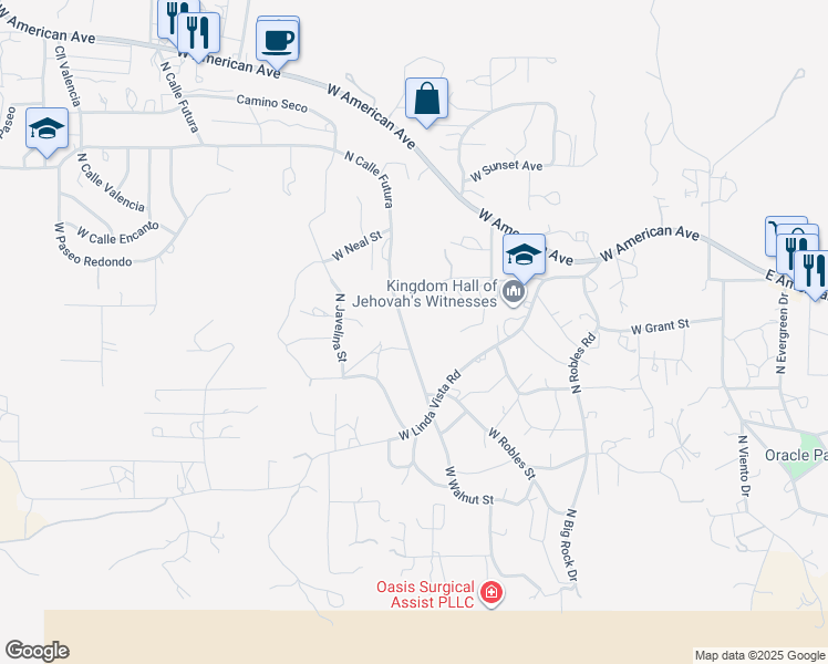 map of restaurants, bars, coffee shops, grocery stores, and more near 973 North Calle Futura in Oracle