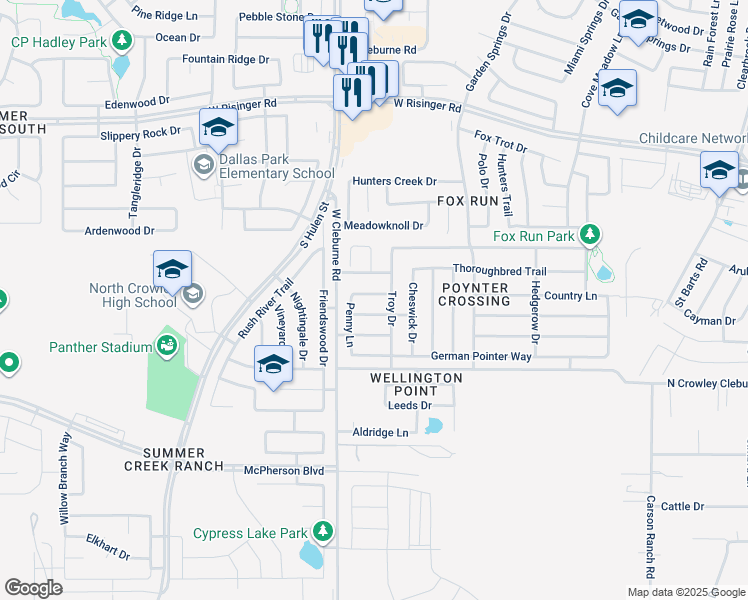 map of restaurants, bars, coffee shops, grocery stores, and more near 9013 Penny Lane in Fort Worth