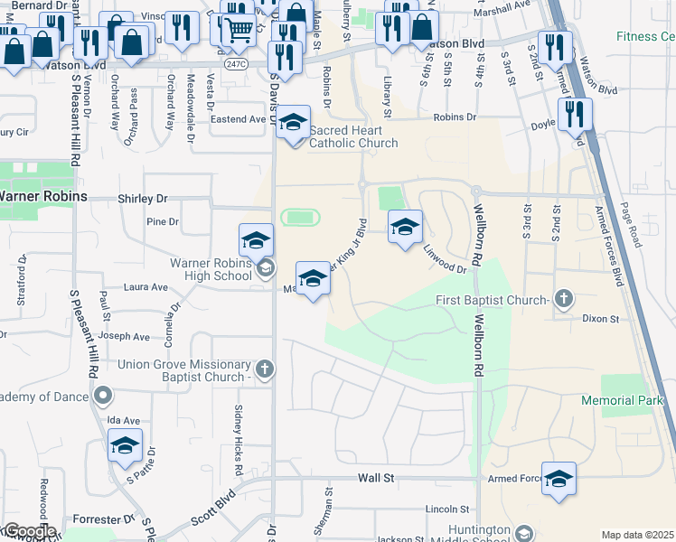 map of restaurants, bars, coffee shops, grocery stores, and more near 75 Martin Luther King Junior Boulevard in Warner Robins