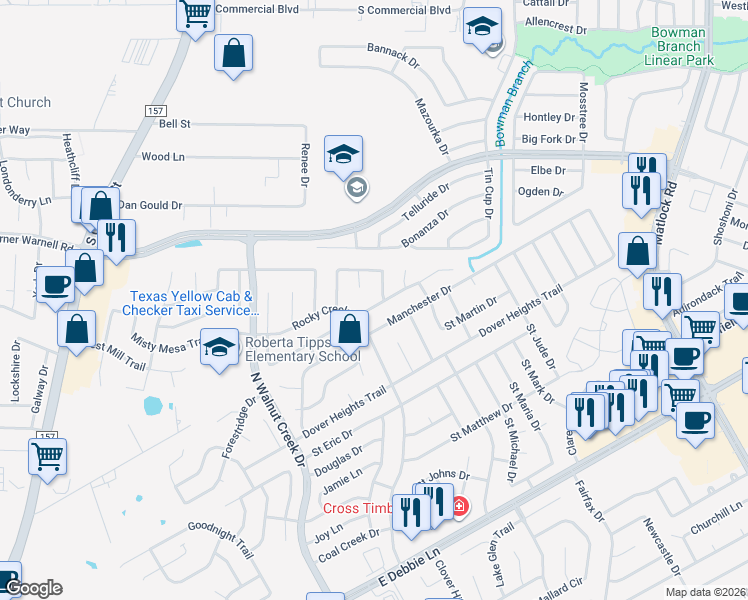 map of restaurants, bars, coffee shops, grocery stores, and more near 703 Dover Park Trail in Mansfield