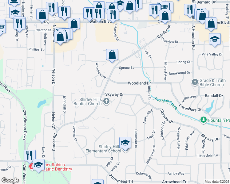 map of restaurants, bars, coffee shops, grocery stores, and more near 112 Skyway Drive in Warner Robins