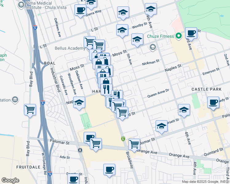 map of restaurants, bars, coffee shops, grocery stores, and more near in Chula Vista