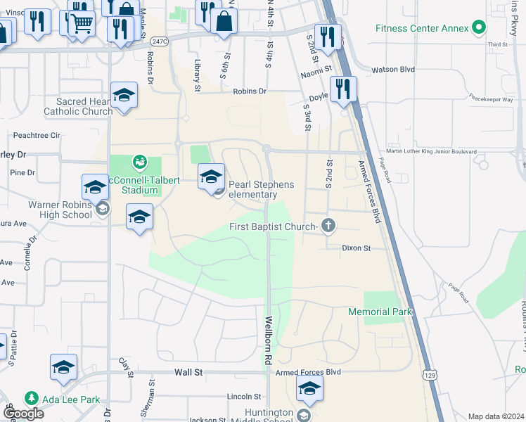 map of restaurants, bars, coffee shops, grocery stores, and more near Linwood Drive in Warner Robins