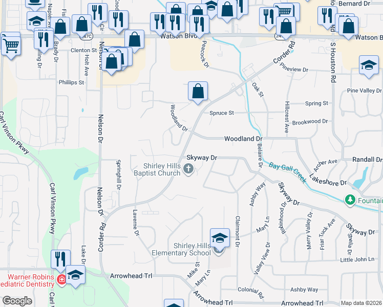 map of restaurants, bars, coffee shops, grocery stores, and more near 102 Skyway Dr in Warner Robins
