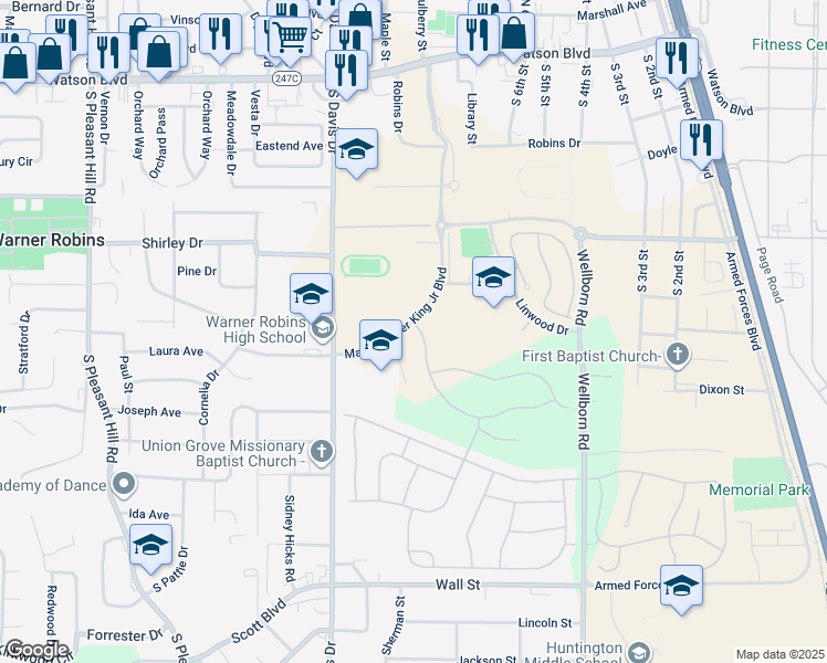 map of restaurants, bars, coffee shops, grocery stores, and more near 75 Martin Luther King Junior Boulevard in Warner Robins