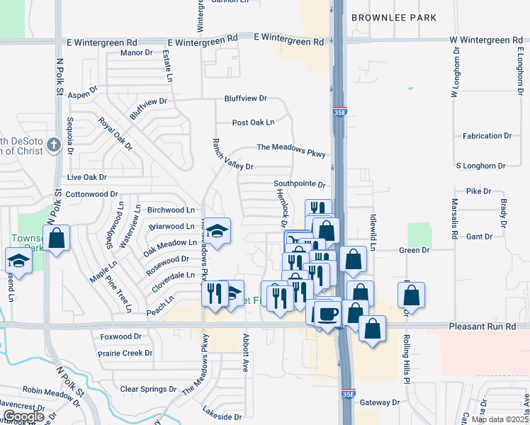 map of restaurants, bars, coffee shops, grocery stores, and more near 1111 Sandalwood Lane in DeSoto