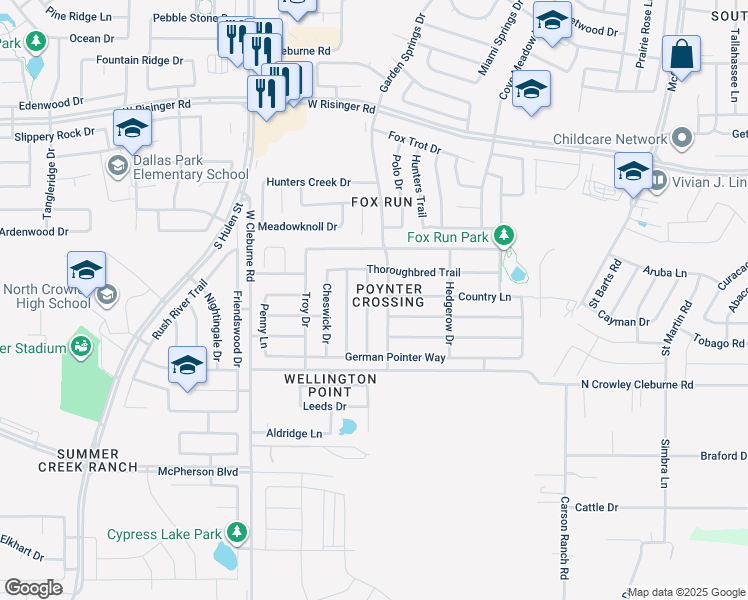 map of restaurants, bars, coffee shops, grocery stores, and more near 9104 Garden Springs Drive in Fort Worth