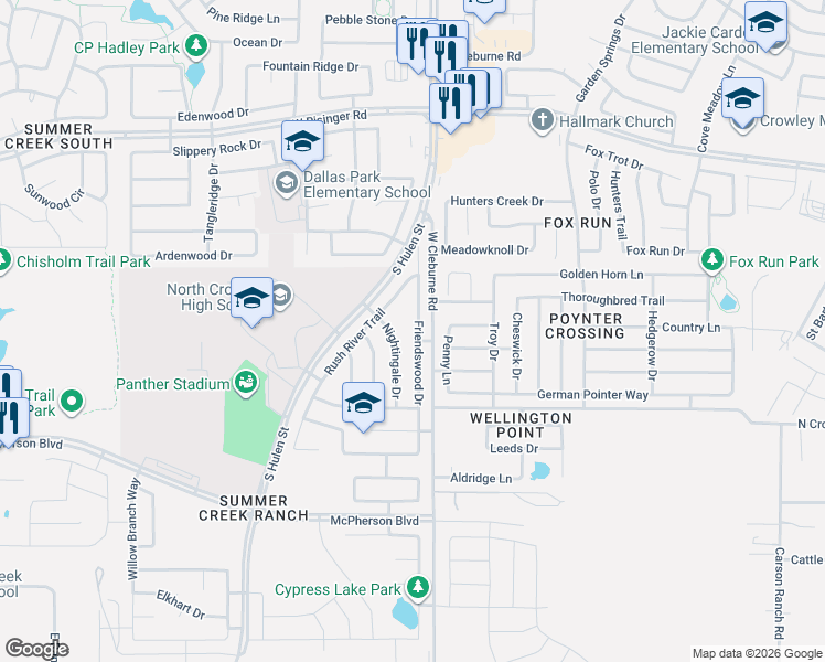 map of restaurants, bars, coffee shops, grocery stores, and more near 9021 Friendswood Drive in Fort Worth