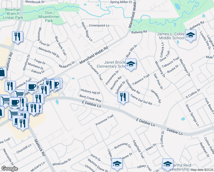 map of restaurants, bars, coffee shops, grocery stores, and more near 600 Primavera Drive in Arlington