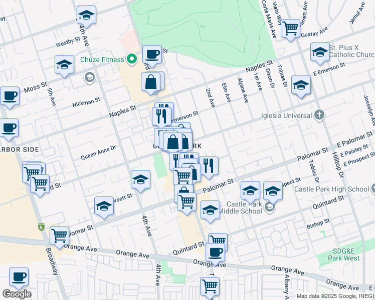 map of restaurants, bars, coffee shops, grocery stores, and more near in Chula Vista
