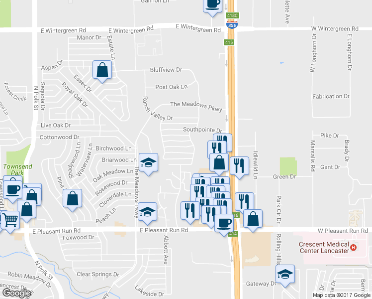 map of restaurants, bars, coffee shops, grocery stores, and more near 1125 Sandalwood Lane in DeSoto