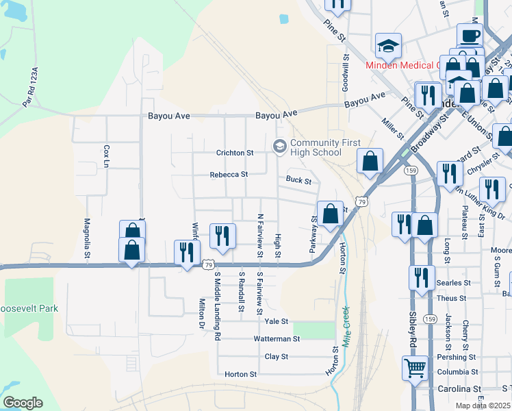 map of restaurants, bars, coffee shops, grocery stores, and more near 313 North Fairview Street in Minden