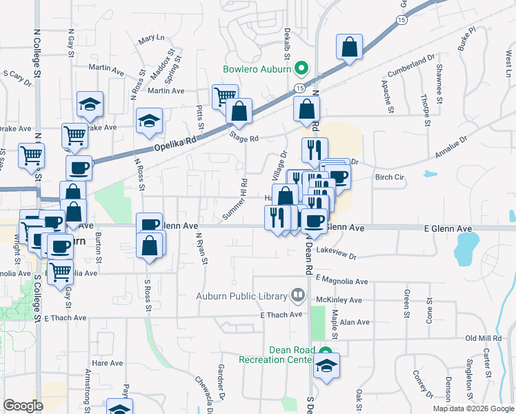 map of restaurants, bars, coffee shops, grocery stores, and more near 608 Harper Avenue in Auburn
