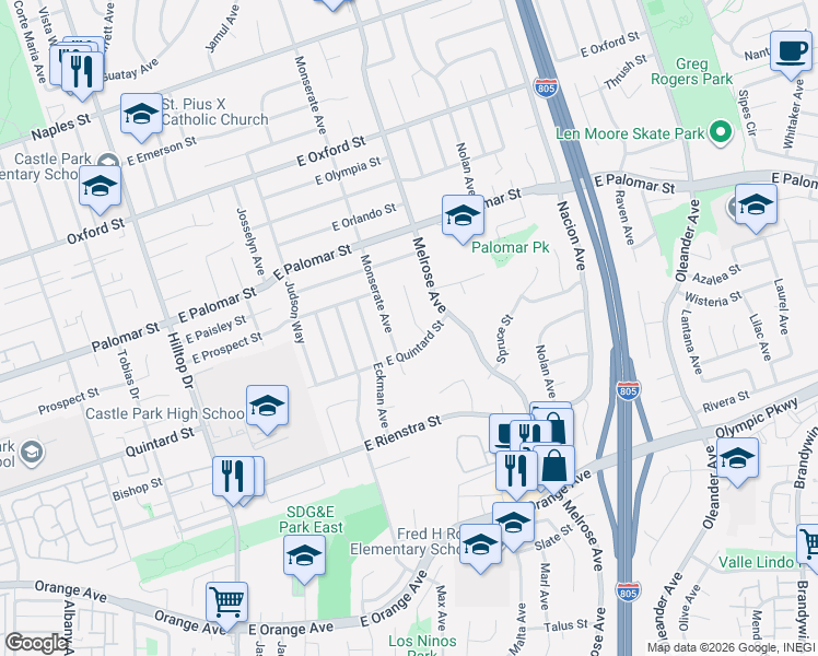 map of restaurants, bars, coffee shops, grocery stores, and more near 1374 Myra Court in Chula Vista