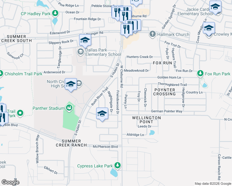 map of restaurants, bars, coffee shops, grocery stores, and more near 9021 Friendswood Drive in Fort Worth