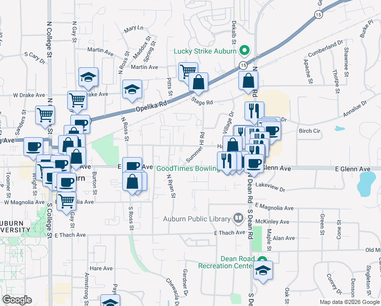 map of restaurants, bars, coffee shops, grocery stores, and more near 231 Summerhill Road in Auburn