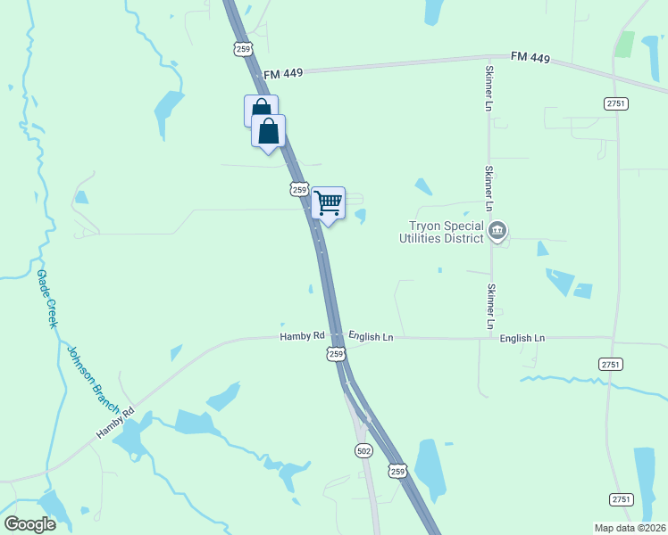 map of restaurants, bars, coffee shops, grocery stores, and more near 7438 U.S. 259 in Longview