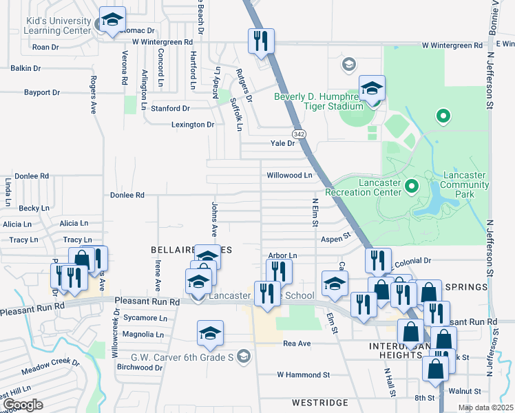 map of restaurants, bars, coffee shops, grocery stores, and more near 701 Lindenwood Drive in Lancaster