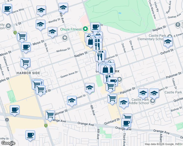 map of restaurants, bars, coffee shops, grocery stores, and more near 350 Oxford Street in Chula Vista