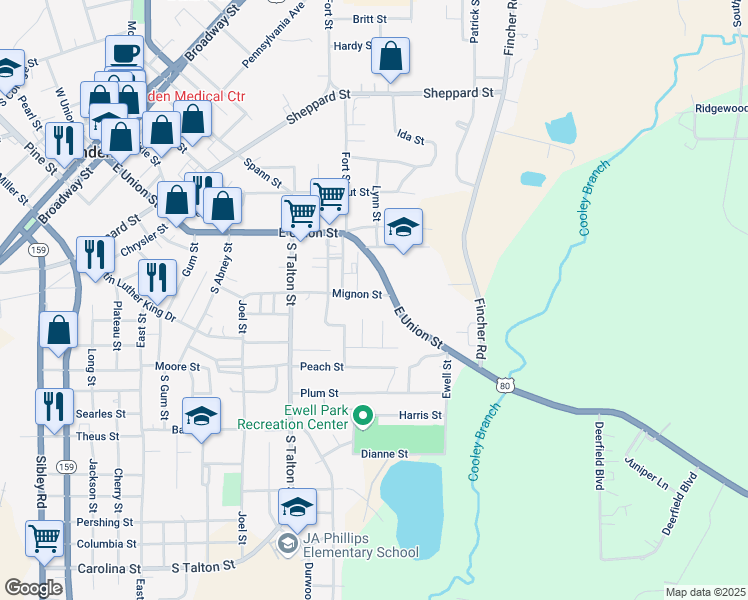 map of restaurants, bars, coffee shops, grocery stores, and more near 817 Mignon Street in Minden