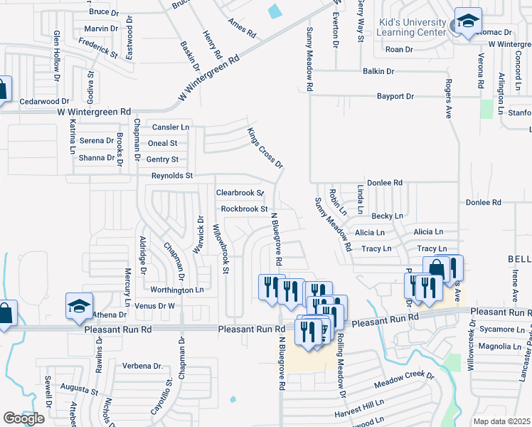 map of restaurants, bars, coffee shops, grocery stores, and more near 1406 Rockbrook Street in Lancaster