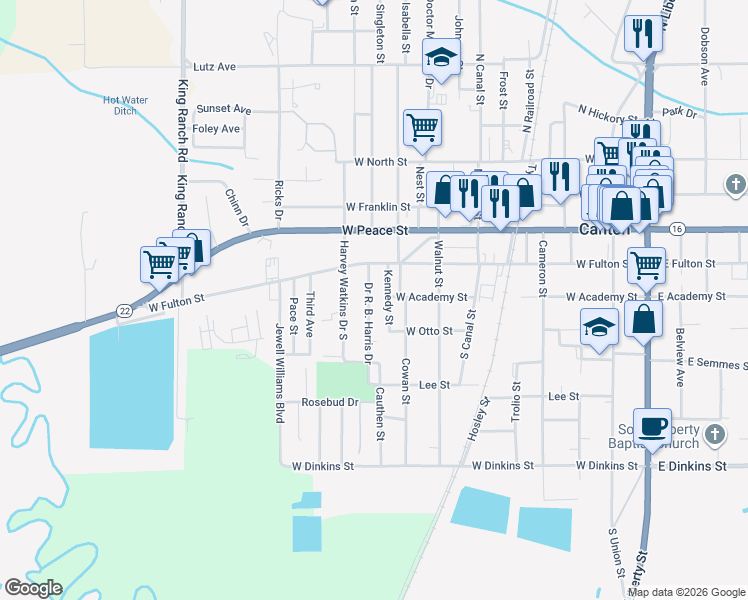 map of restaurants, bars, coffee shops, grocery stores, and more near 303 Doctor R. B. Harris Drive in Canton