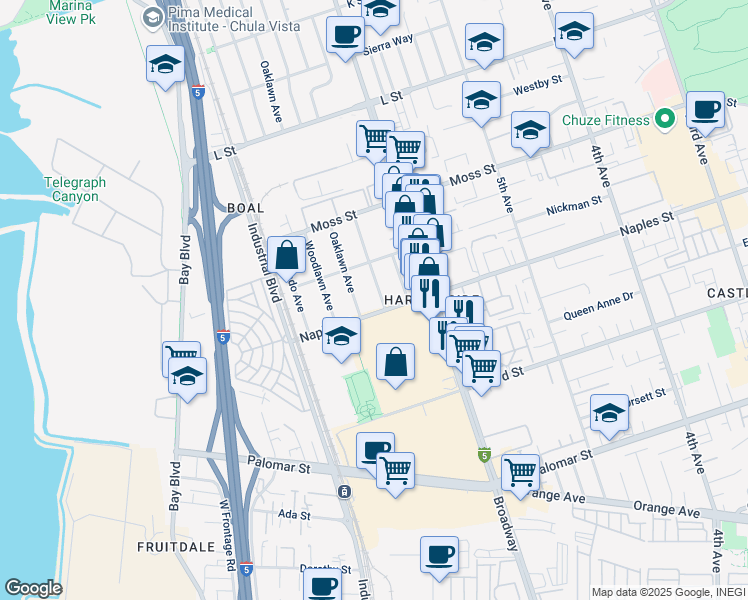 map of restaurants, bars, coffee shops, grocery stores, and more near 1090 Jefferson Avenue in Chula Vista