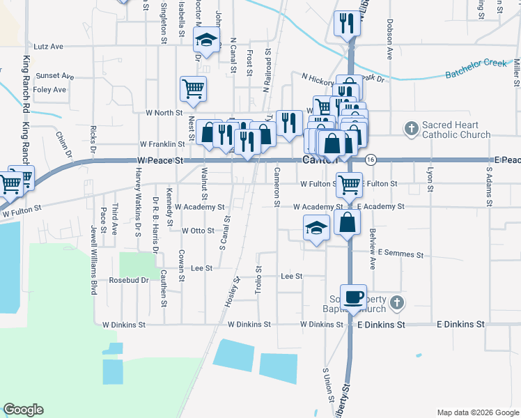 map of restaurants, bars, coffee shops, grocery stores, and more near 325 West Academy Street in Canton