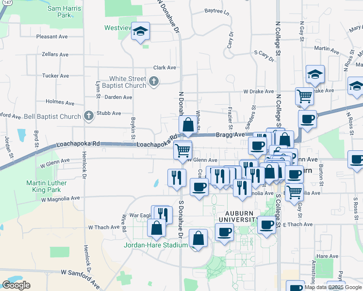 map of restaurants, bars, coffee shops, grocery stores, and more near 340 N Donahue Dr in Auburn
