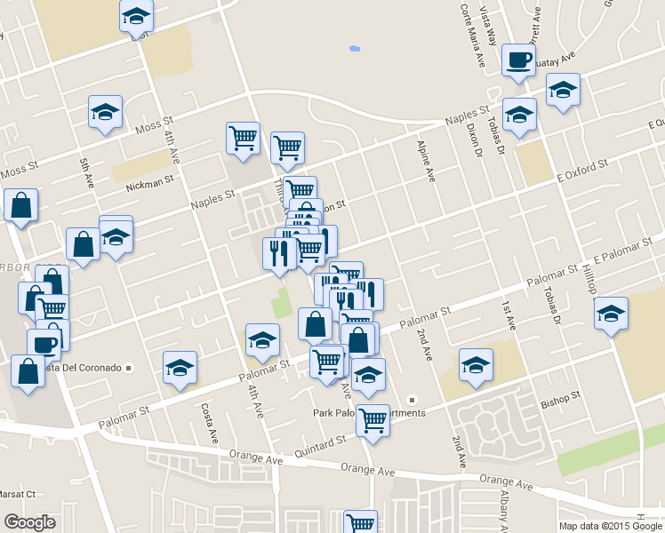 map of restaurants, bars, coffee shops, grocery stores, and more near 251 Oxford Street in Chula Vista