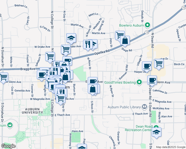 map of restaurants, bars, coffee shops, grocery stores, and more near 210 North Ross Street in Auburn