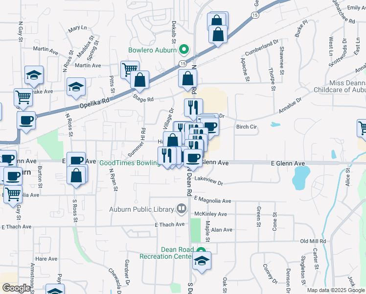 map of restaurants, bars, coffee shops, grocery stores, and more near 231 North Dean Road in Auburn
