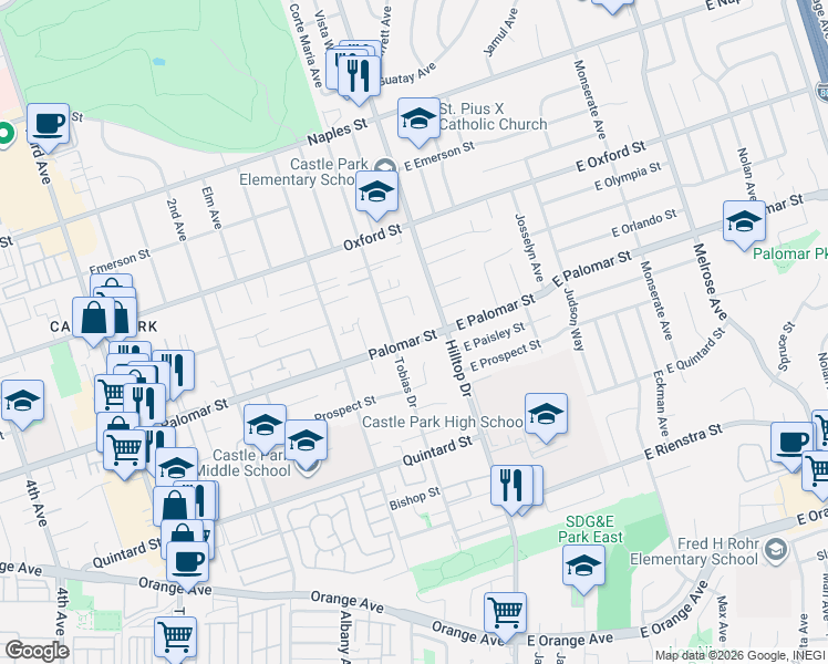 map of restaurants, bars, coffee shops, grocery stores, and more near 29 Palomar Street in Chula Vista